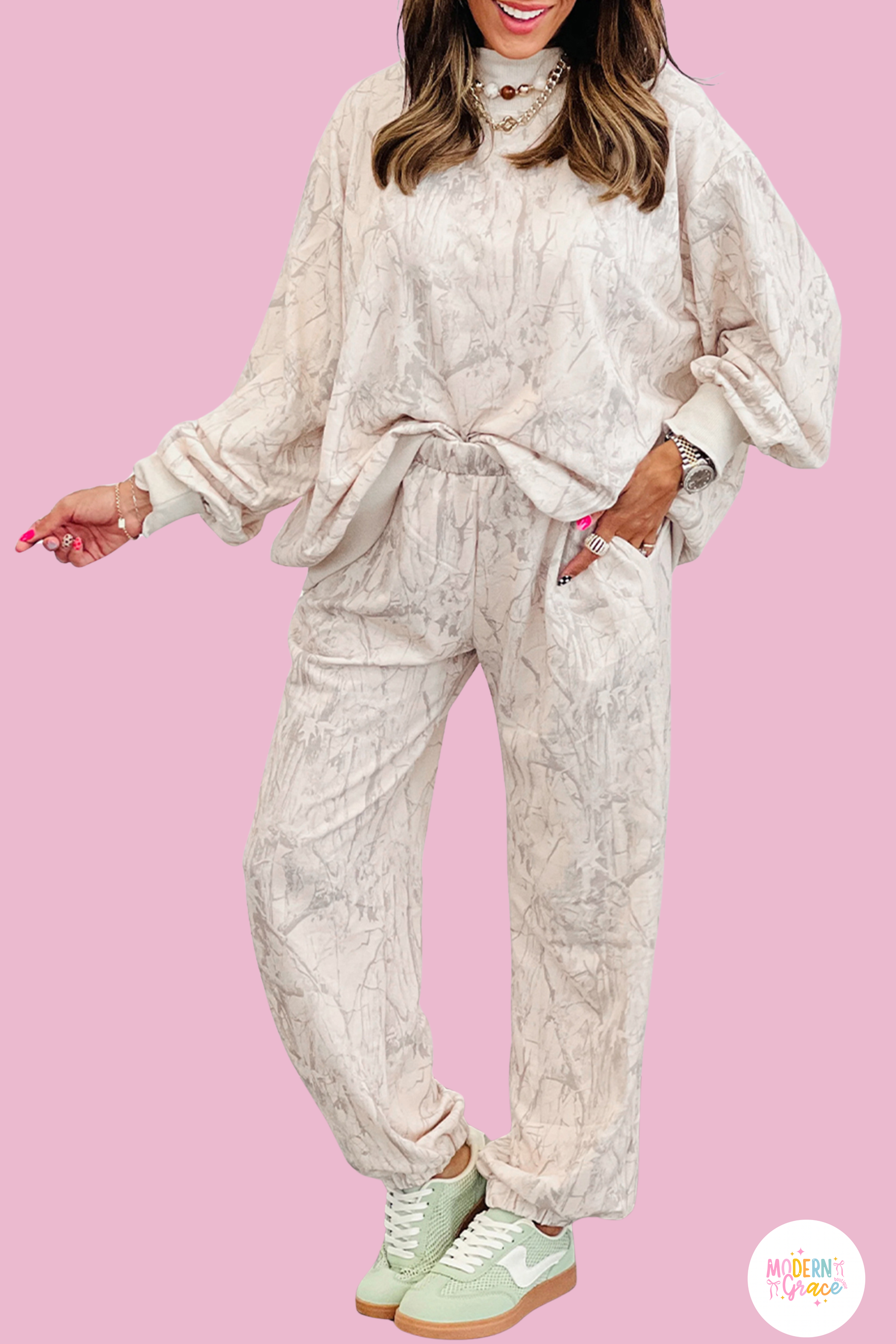 Modern Grace khaki camo print jogger pants set, two-piece casual outfit featuring relaxed fit joggers and matching top.
