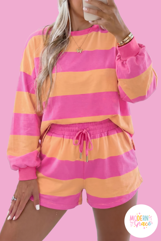 Pink Stripe Long Sleeve Casual 2 Piece Shorts Set
