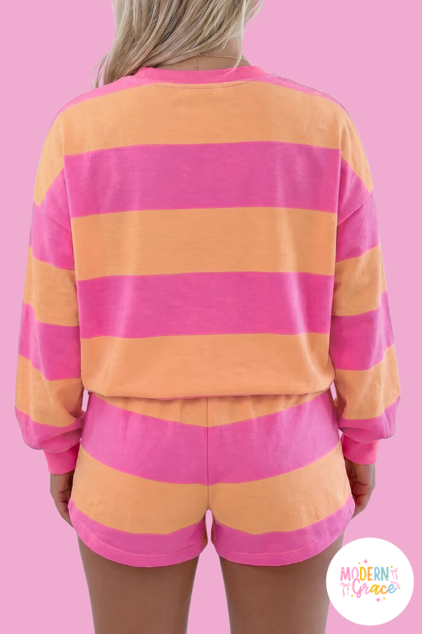 Pink Stripe Long Sleeve Casual 2 Piece Shorts Set