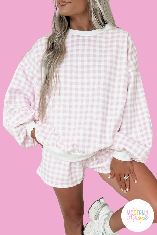 Plaid Baggy Pullover Drawstring Casual Shorts 2-Piece Outfit