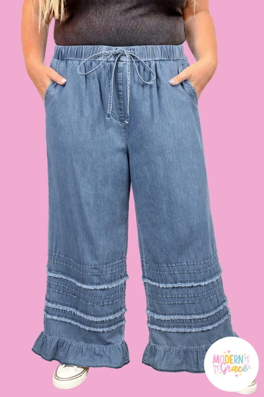 Curvy Blue Tiered Raw Edge Ruffled Plus Size Wide Leg Denim Pants