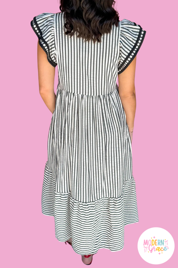 Black Stripe Plus Size Slit V Neck Tiered Flutter Sleeve Maxi Dress