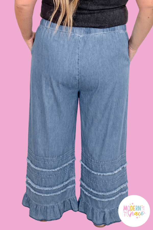 Curvy Blue Tiered Raw Edge Ruffled Plus Size Wide Leg Denim Pants