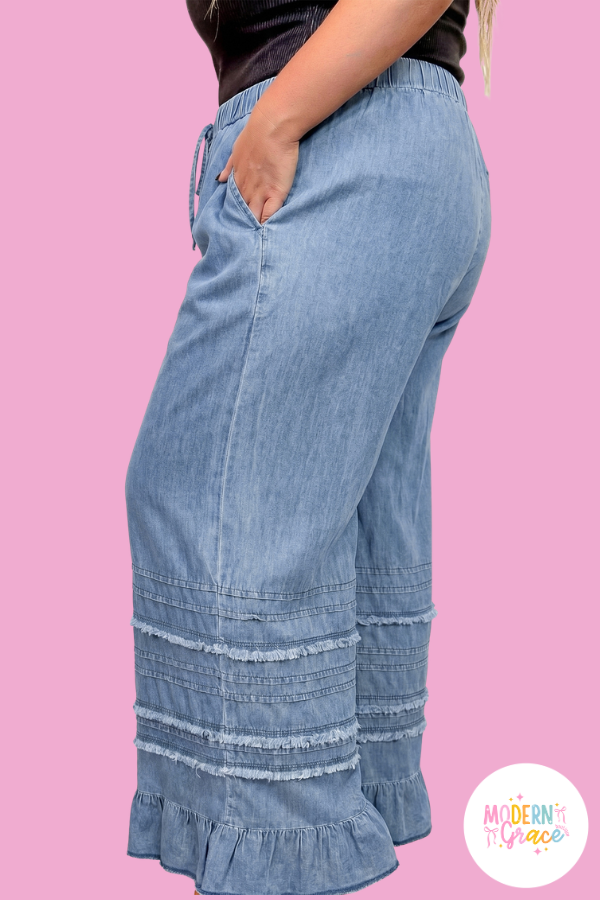 Curvy Blue Tiered Raw Edge Ruffled Plus Size Wide Leg Denim Pants