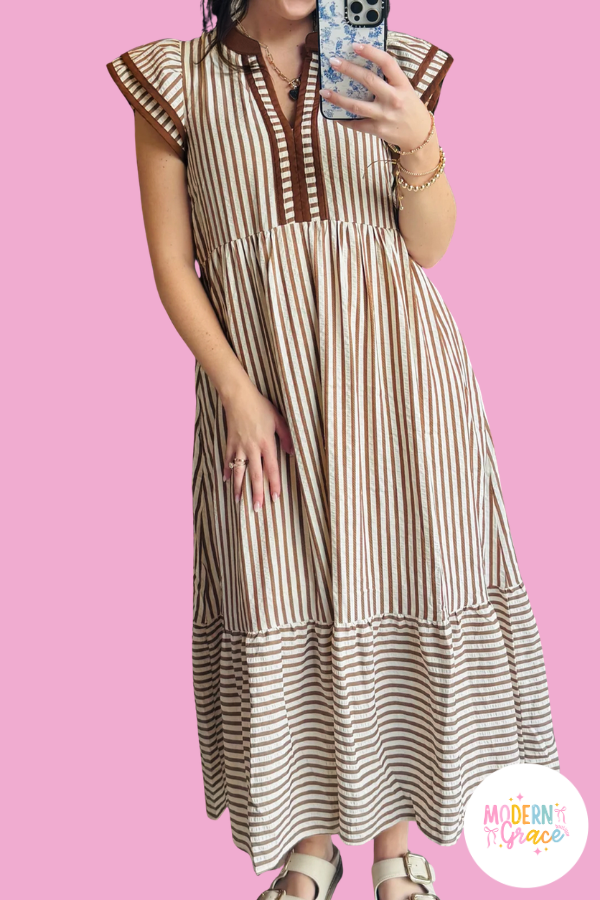 Black Stripe Plus Size Slit V Neck Tiered Flutter Sleeve Maxi Dress