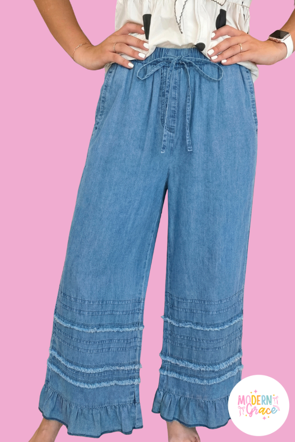 Beau Blue Ruffled Hem Wide Leg Chambray Pants