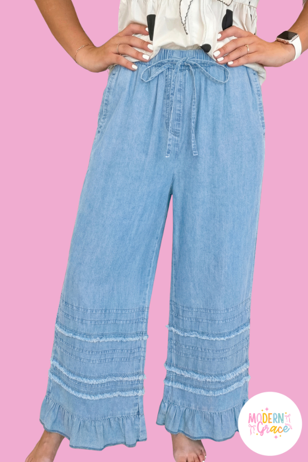 Beau Blue Ruffled Hem Wide Leg Chambray Pants
