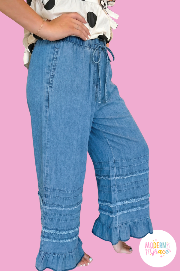 Beau Blue Ruffled Hem Wide Leg Chambray Pants
