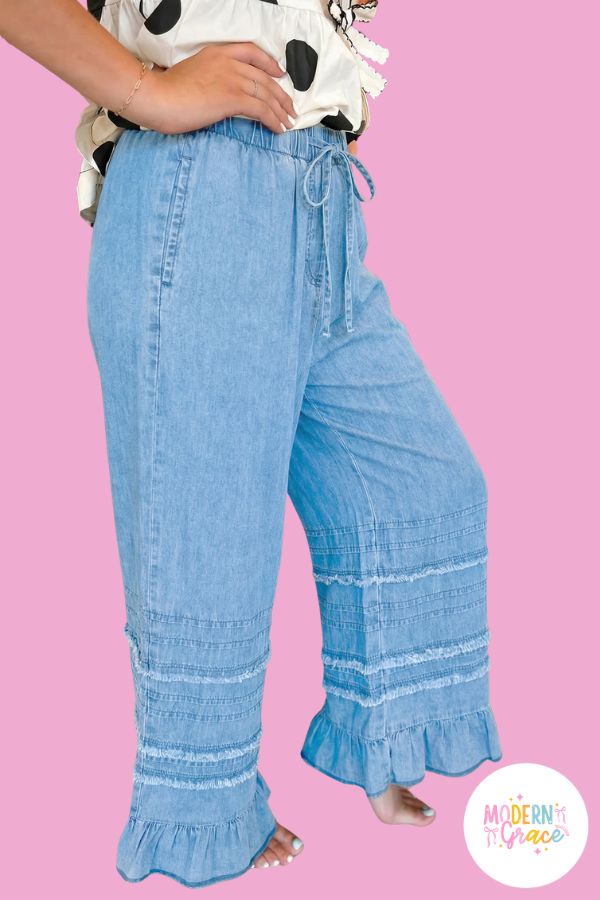 Beau Blue Ruffled Hem Wide Leg Chambray Pants