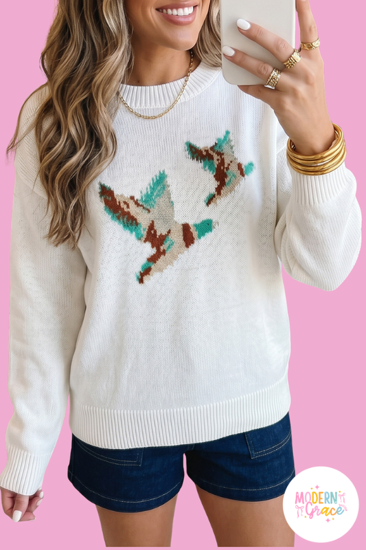 White Drop Shoulder Round Neck Long Sleeve Pullover Sweater