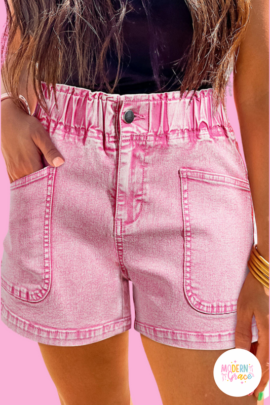 Strawberry Pink Elastic High Waisted Denim Shorts (Warehouse Exclusives)