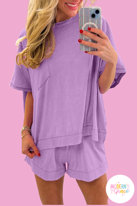 Orchid Bouquet Raw Edge Patch Pocket Oversized Top and Shorts Set