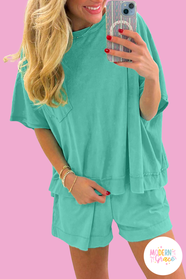 Orchid Bouquet Raw Edge Patch Pocket Oversized Top and Shorts Set