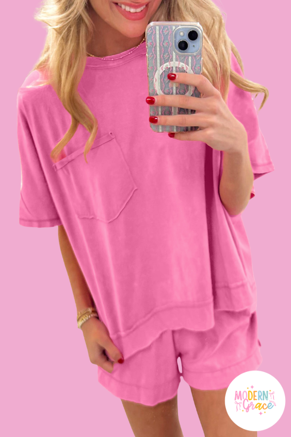 Orchid Bouquet Raw Edge Patch Pocket Oversized Top and Shorts Set