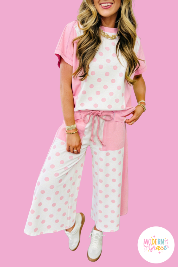 Polka Dot Color Block Wide Leg Pant Set
