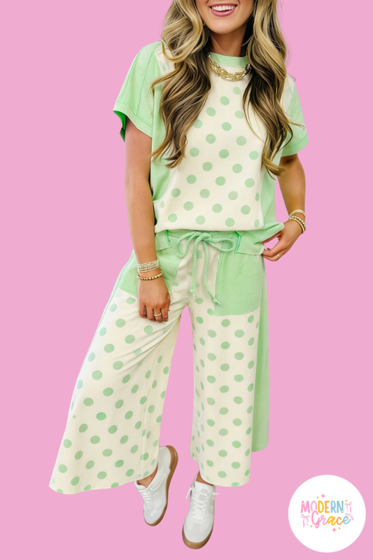 Polka Dot Color Block Wide Leg Pant Set