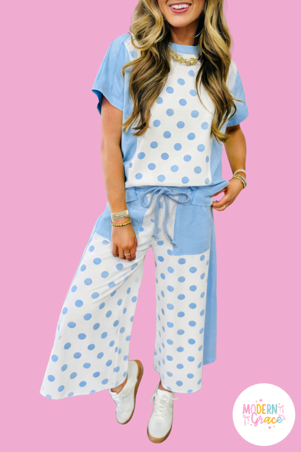 Polka Dot Color Block Wide Leg Pant Set