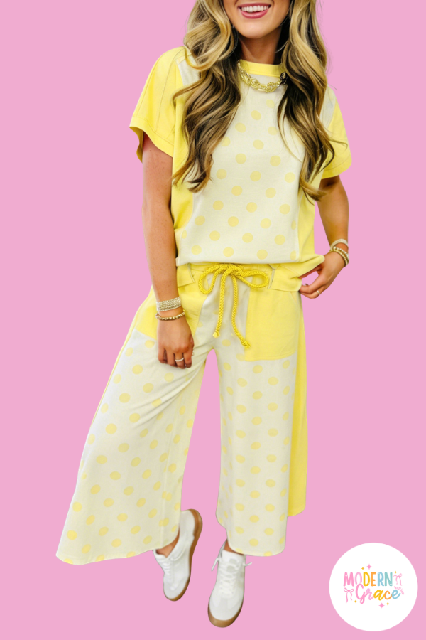 Polka Dot Color Block Wide Leg Pant Set