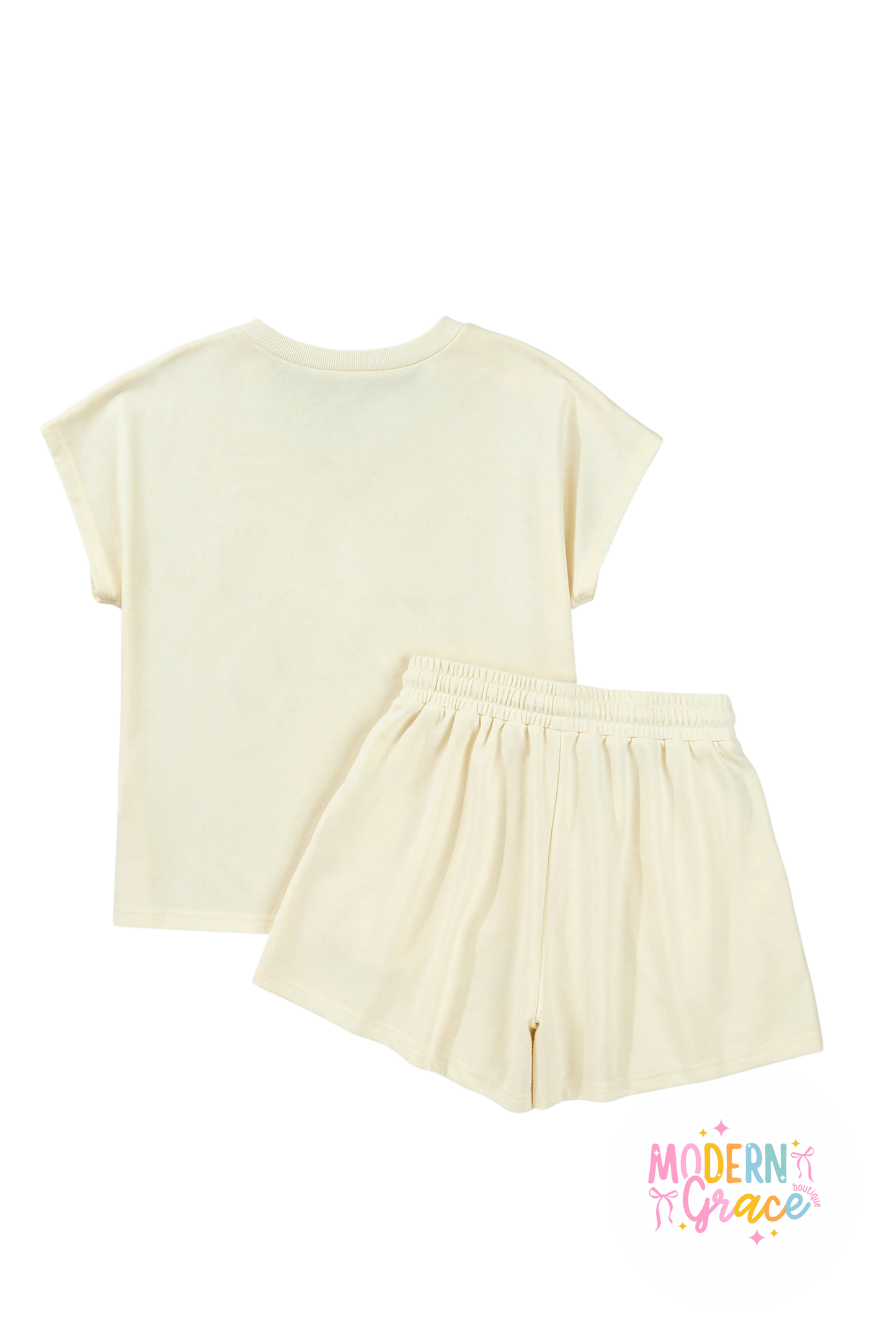 White contrast leopard bow patched V-neck loose tee paired with drawstring shorts in a Modern Grace two-piece set.