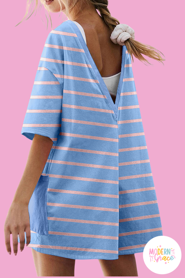 Reversible Neckline Sky Blue Stripe V Neck Short Sleeve Double Wear Loose Romper