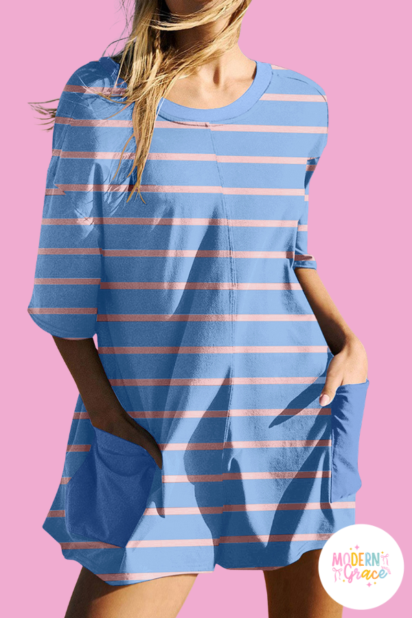 Reversible Neckline Sky Blue Stripe V Neck Short Sleeve Double Wear Loose Romper