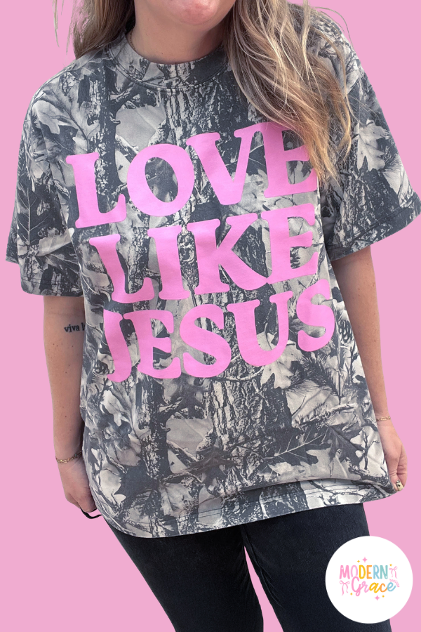 Curvy Gray Woodland Camouflage LOVE LIKE JESUS Plus Size T Shirt