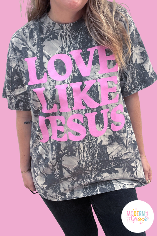 Curvy Gray Woodland Camouflage LOVE LIKE JESUS Plus Size T Shirt