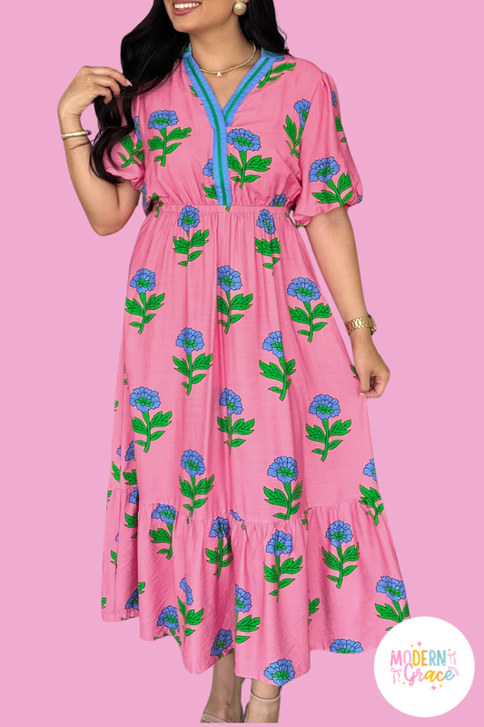Pink Plus Size Striped V Neck Ruffled Floral Long Dress