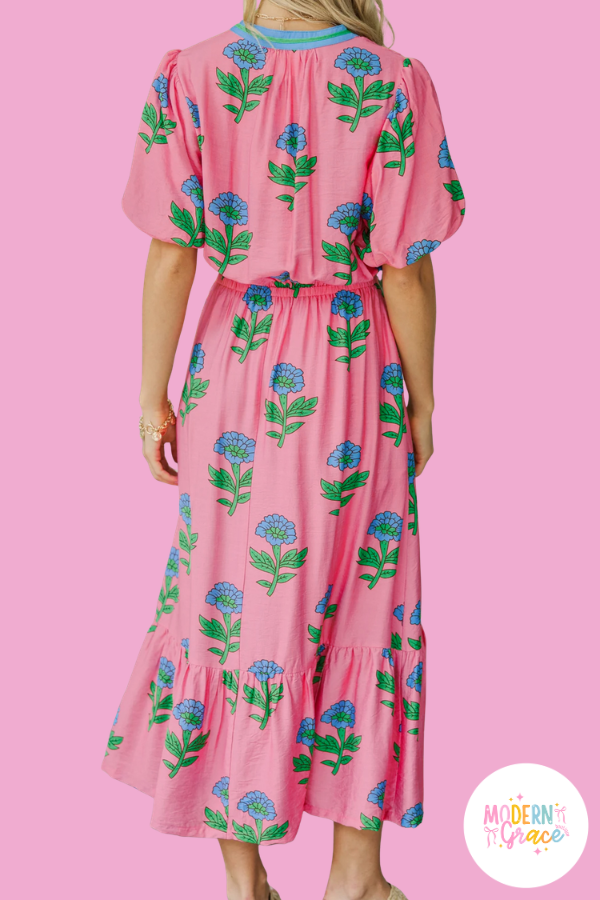 Pink Plus Size Striped V Neck Ruffled Floral Long Dress