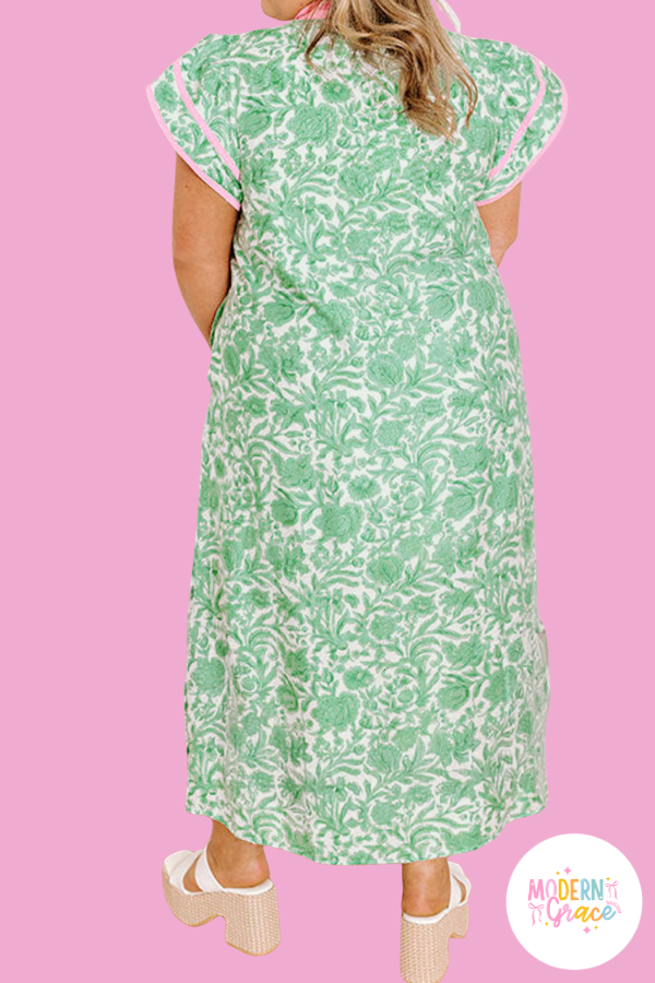 Green Plus Size Contrast Trim Flutter Sleeve Floral Kaftan Maxi Dress