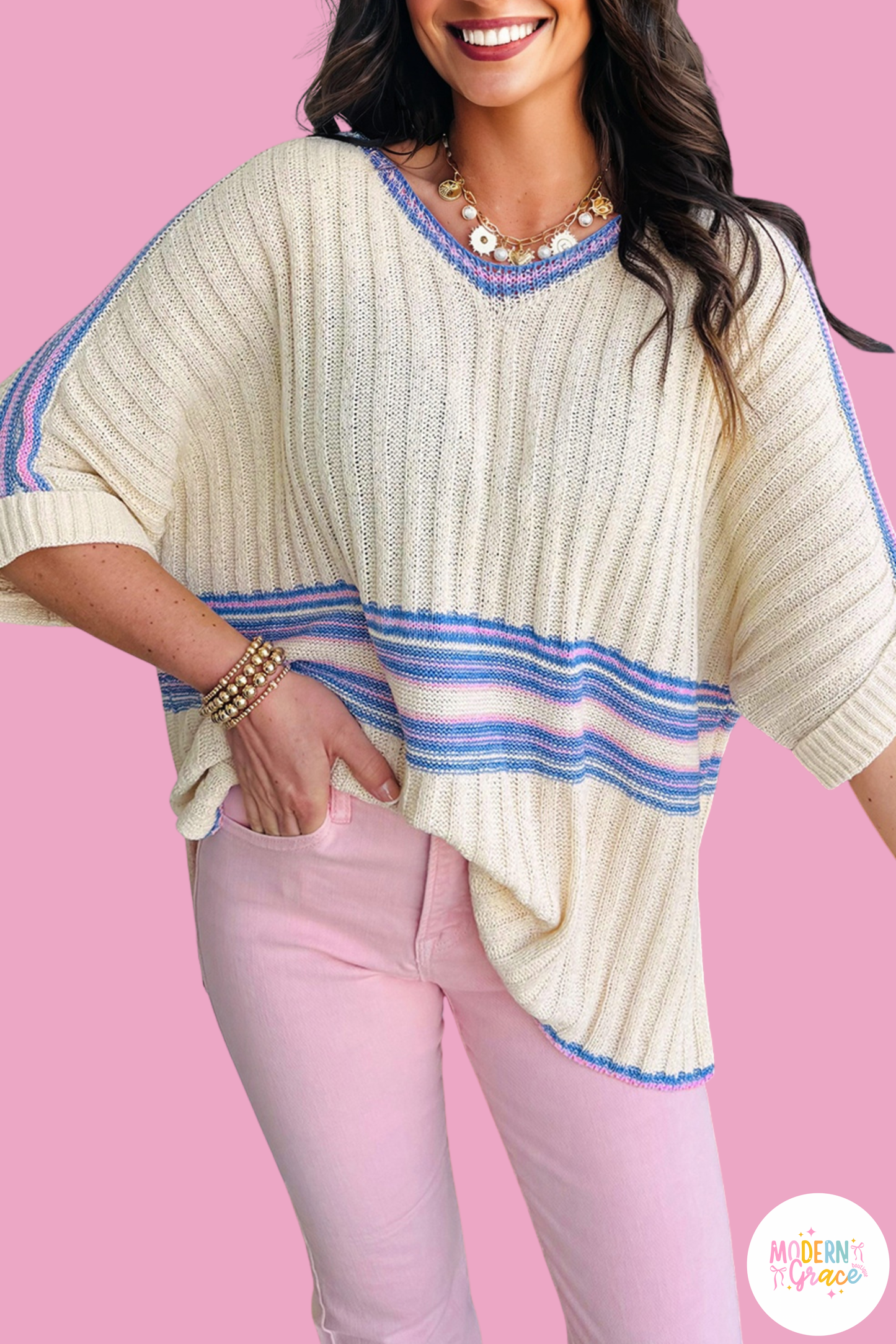 White striped V-neck dolman sleeve rib knit oversized sweater with side slits, from Modern Grace, in a short sleeve style.