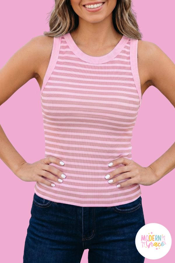 Sky Blue Stripe Ribbed Knit Slim Tank Top