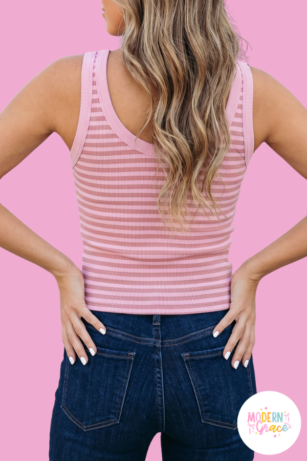 Sky Blue Stripe Ribbed Knit Slim Tank Top