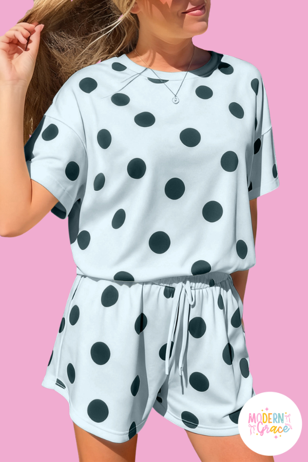 Polka Dot Print Loose Tee Drawstring Elastic Waist 2 Piece Short Set