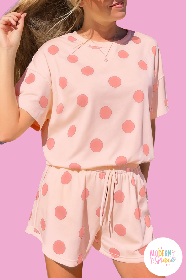 Polka Dot Print Loose Tee Drawstring Elastic Waist 2 Piece Short Set