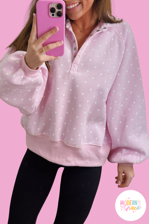 Pink Polka Dot Print Metal Button Collar Casual Pullover Sweatshirt