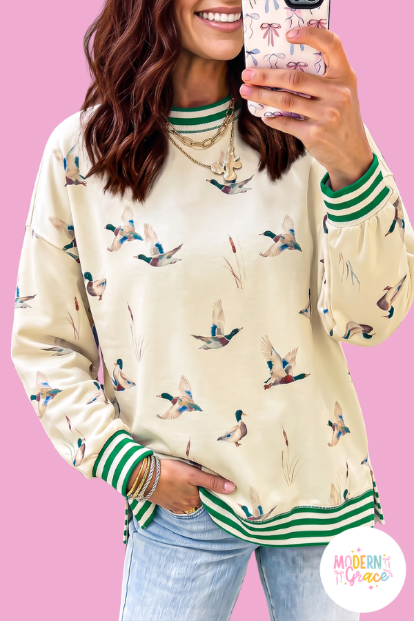Beige Mallard Duck Print Striped Trim Cuffs Round Neck Casual Sweatshirt