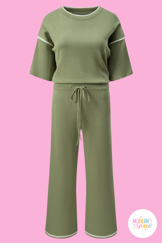 Green Contrast Trim Half Sleeve Top Drawstring Pants Loose 2pcs Sweater Suit