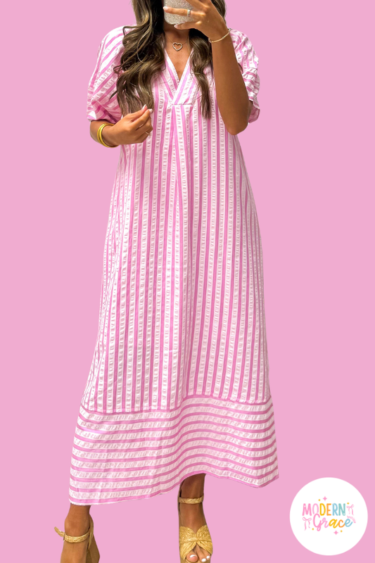Pink Stripe V Neck Short Sleeve Shift Maxi Dress
