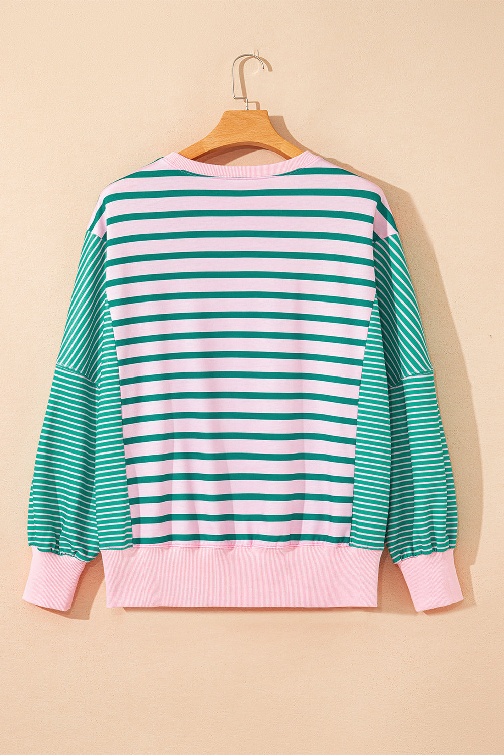 Green Stripe Mix Pattern Color Block Patchwork Side Slit Baggy Sweatshirt (Warehouse Exclusives-Online Only)