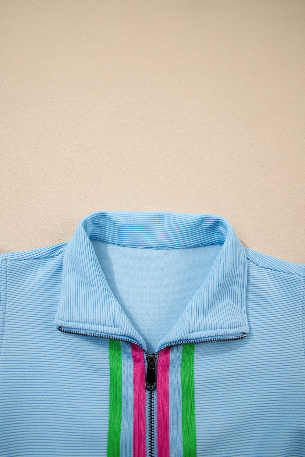 Modern Grace Beau Blue striped short set with flutter sleeves and zipped collar, featuring a stylish two-piece design.