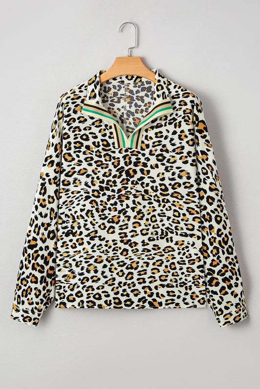 Khaki Leopard Print Contrast Striped V Neck Blouse (Warehouse Exclusives-Online Only)