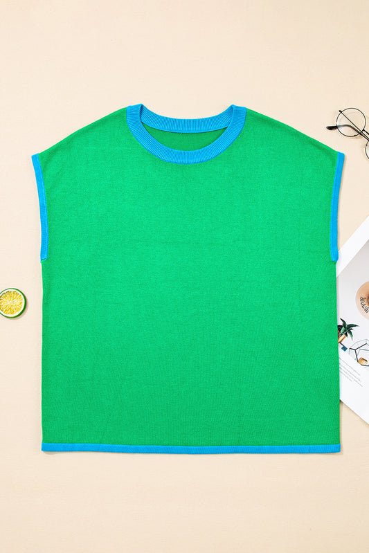 Green Contrast Trim Round Neck Short Sleeve Loose Knit Sweater (Warehouse Exclusive)