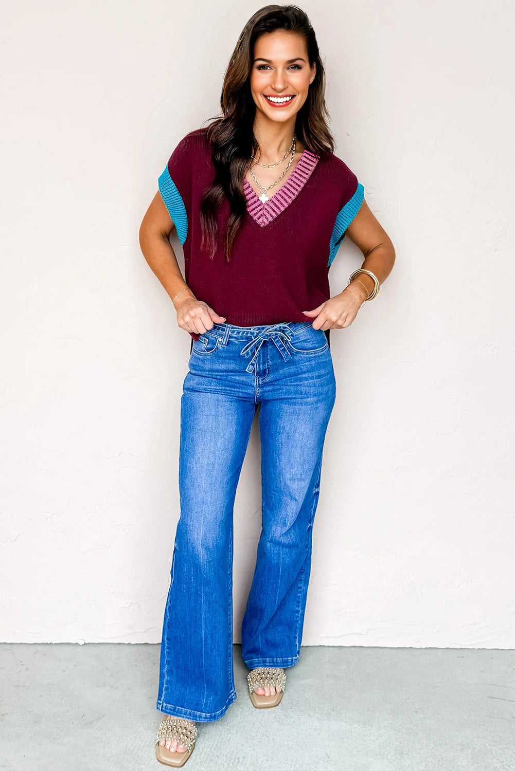 Burgundy Contrast Trim V Neck Short Sleeve Sweater (Warehouse Exclusives - Online only!)