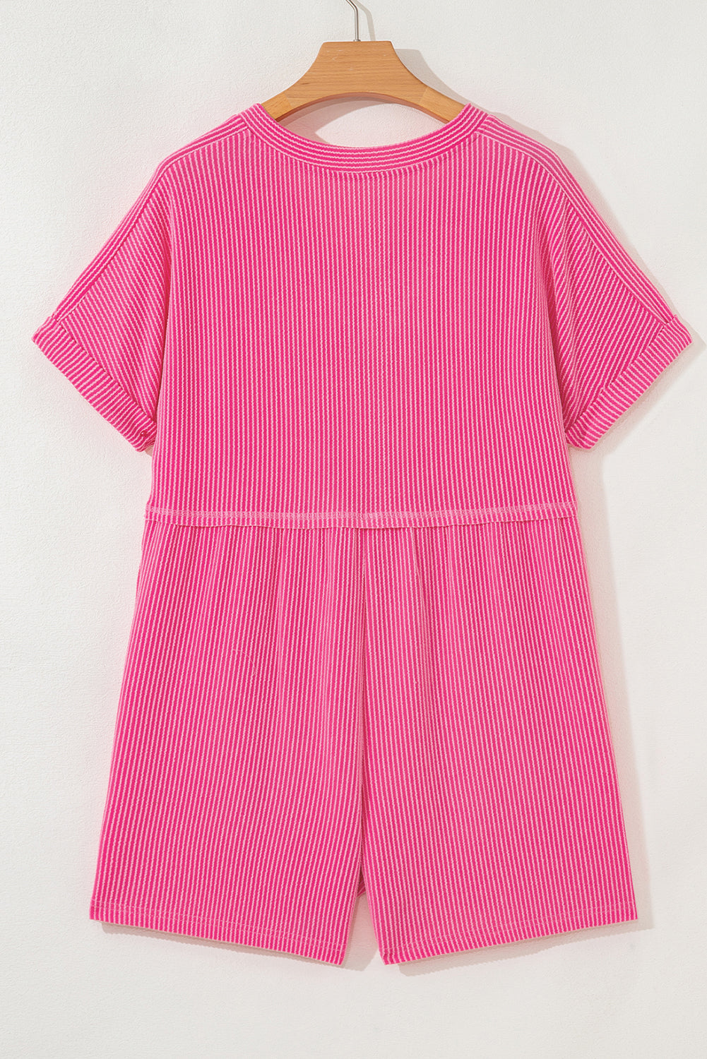 Bright Pink Spiral Ribbed Short Sleeve V Neck Buttoned Romper with Pocket (Warehouse Exclusives)