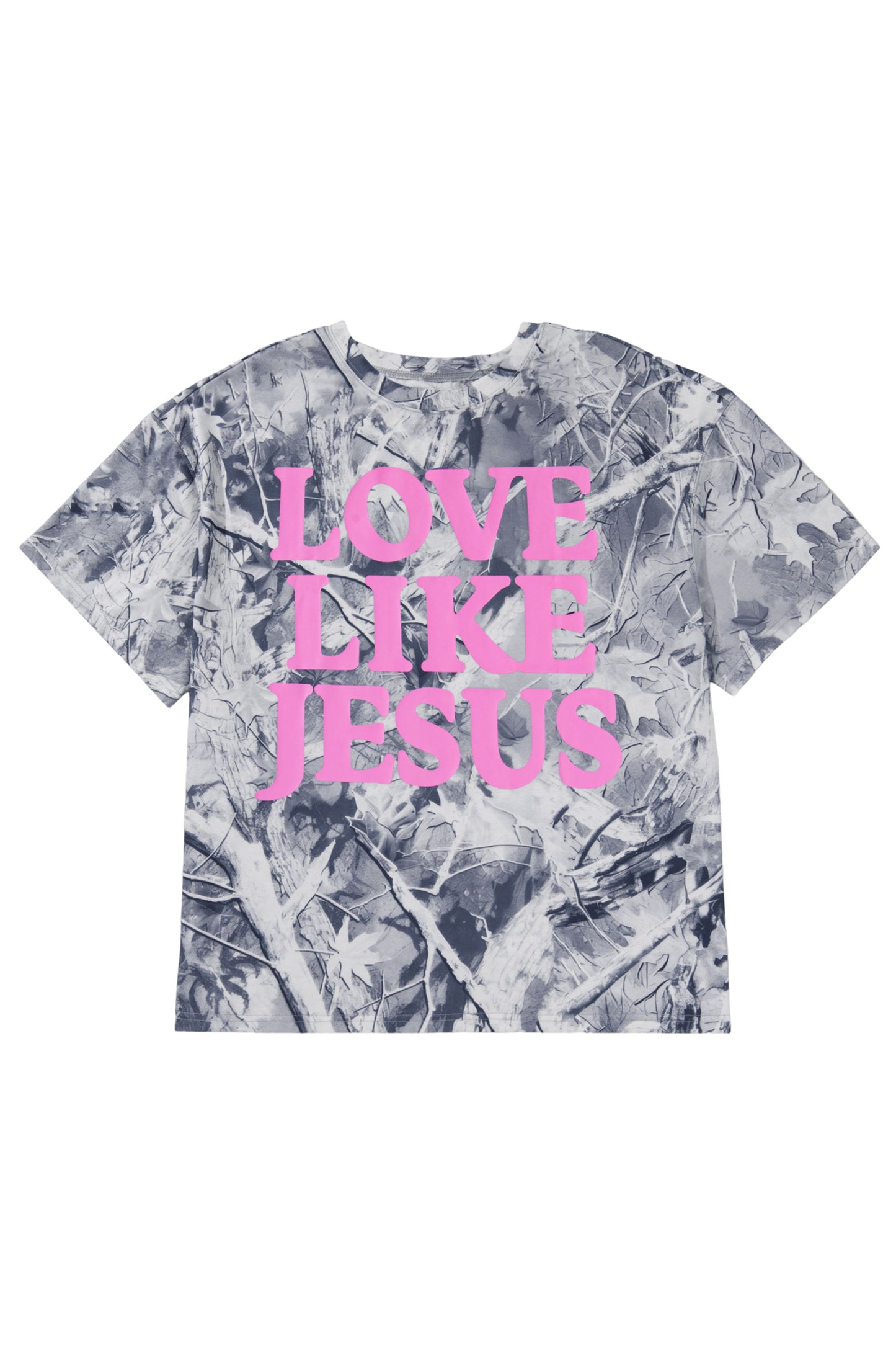 Curvy Gray Woodland Camouflage LOVE LIKE JESUS Plus Size T Shirt