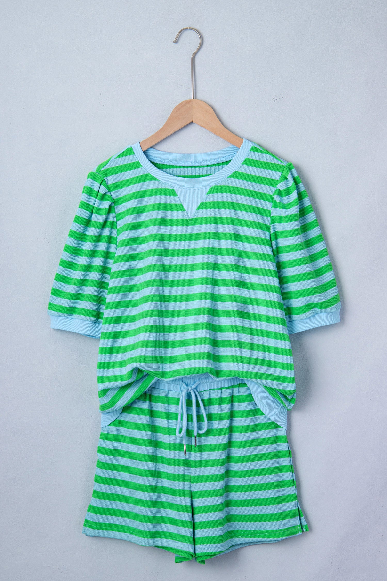 Modern Grace green stripe puff short sleeve T-shirt and matching shorts set, casual two-piece summer outfit.