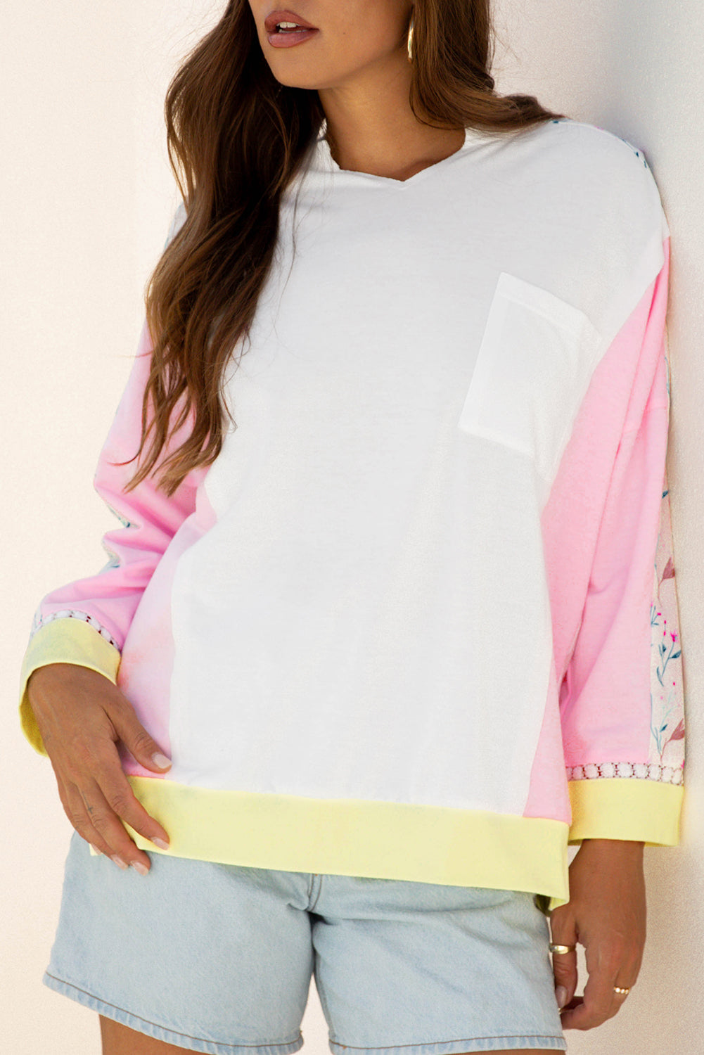 White Floral Colorblock Patchwork Chest Pocket Notched Neck Long Sleeve Top (Warehouse Exclusive)