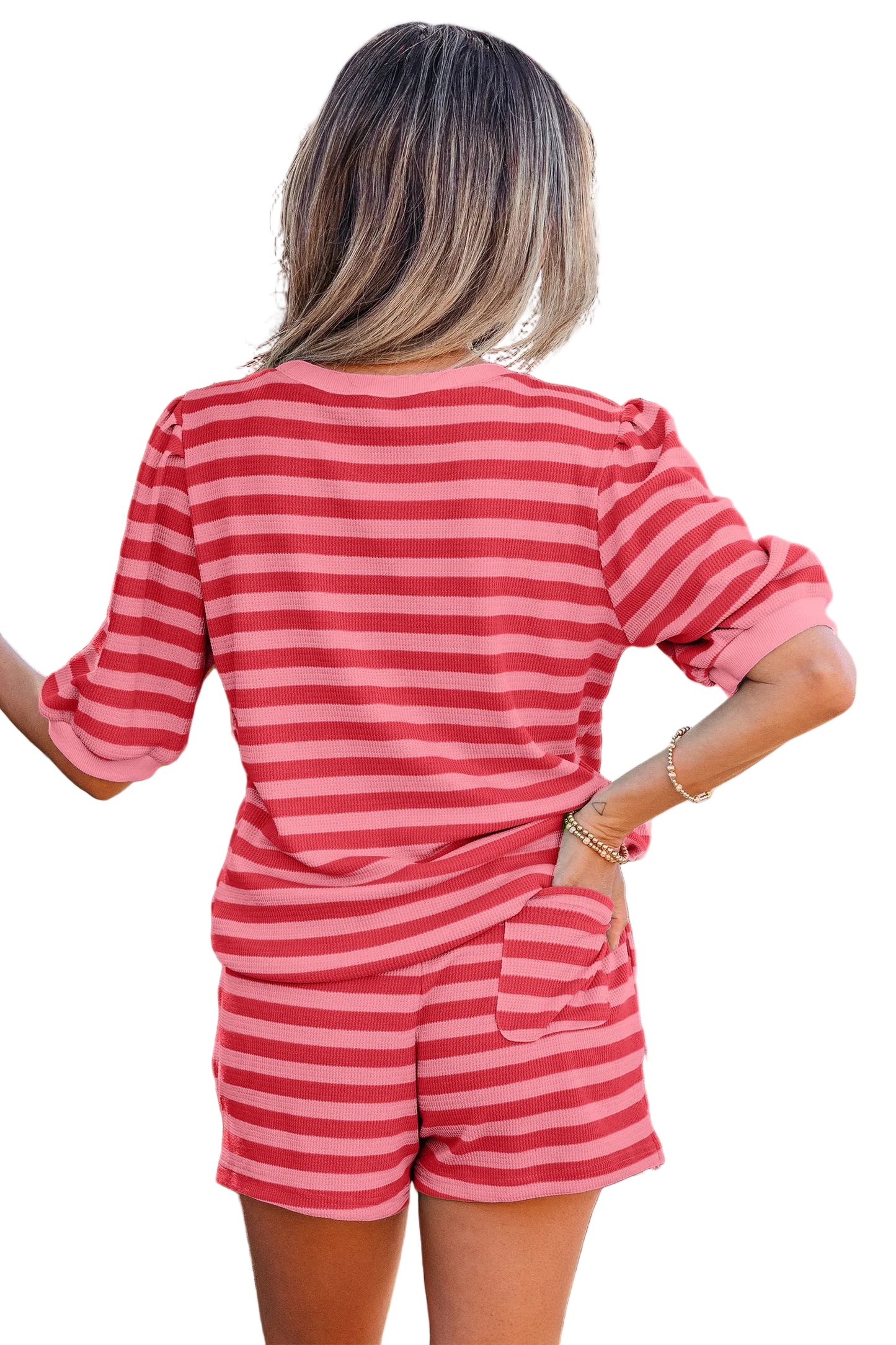 Modern Grace red waffle knit puff sleeve top and shorts set, stylish two-piece lounge outfit with textured fabric.