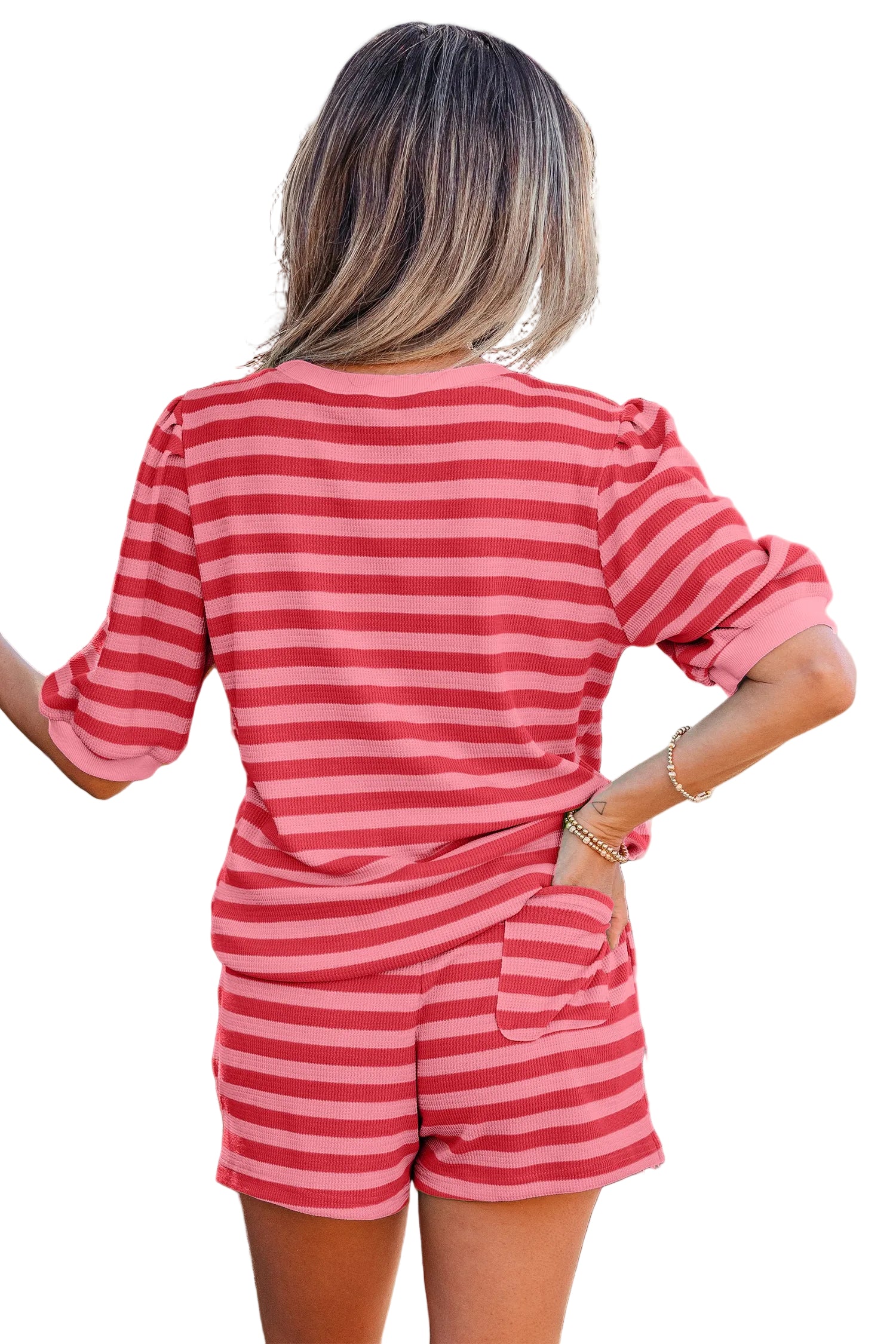 Modern Grace red waffle knit puff sleeve top and shorts set, stylish two-piece lounge outfit with textured fabric.